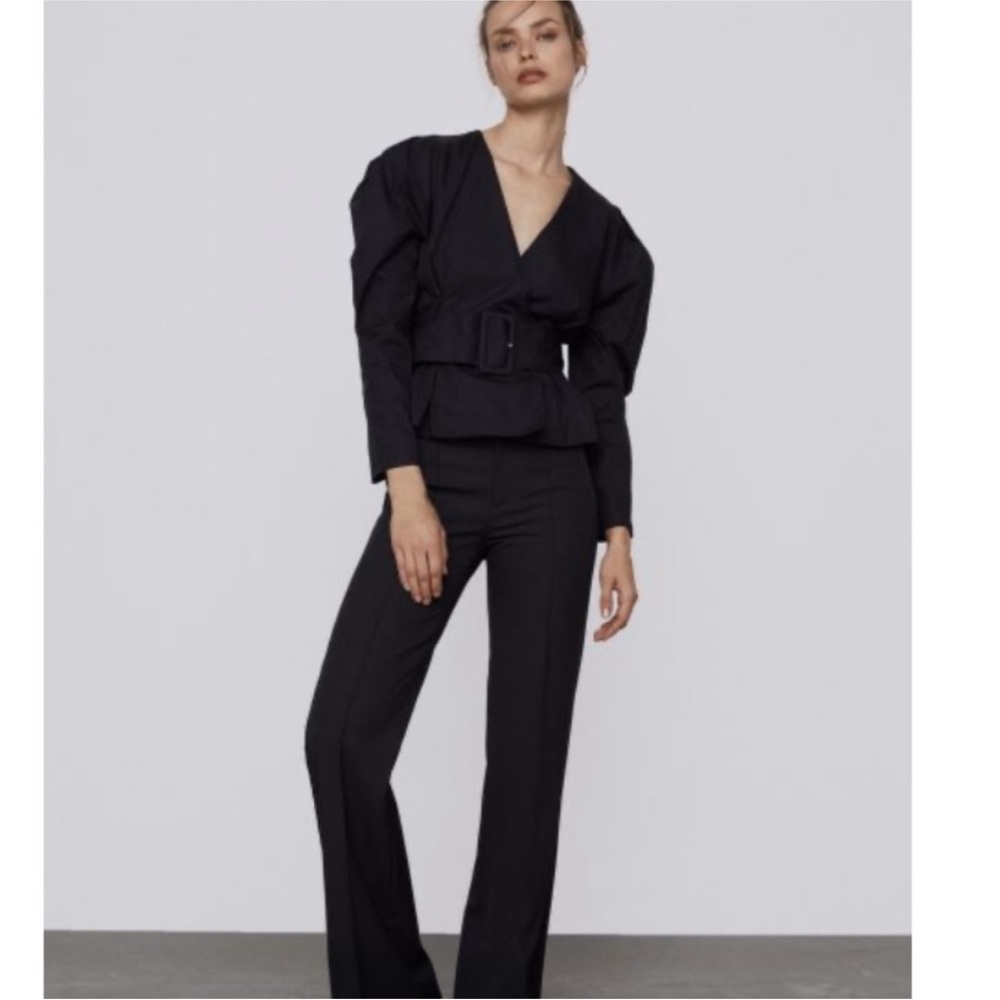 Zara brand new cotton Elegant Black Jacket style belted top - Picture 3 of 5